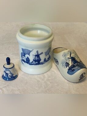 3 Vintage Collection Delft Blue/White Milk Glass Humidor And Porcelain Shoe/Bell